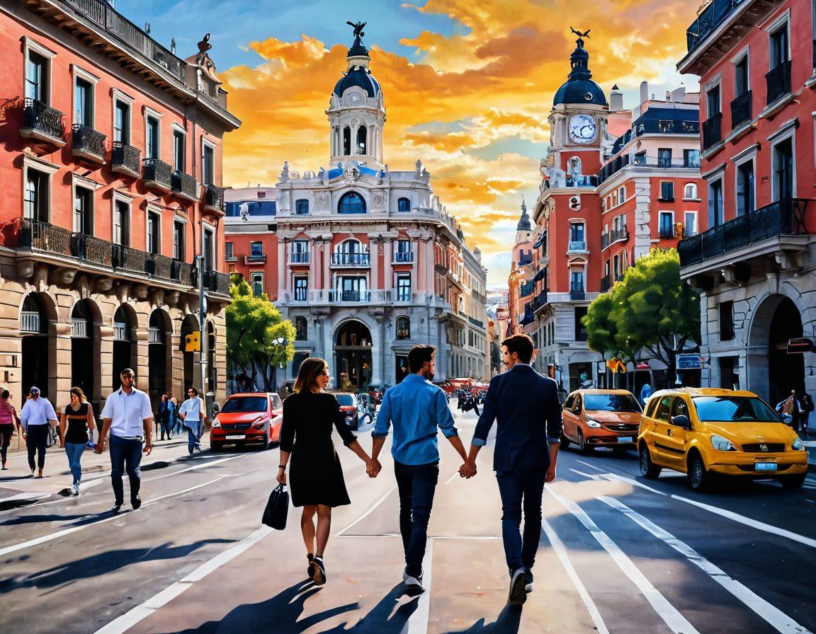 A dynamic cityscape of Madrid featuring people engaged in different professional activities, intertwined with romantic imagery like couples walking hand in hand. The background includes iconic Spanish architecture and hints of job recruitment elements like resumes or interviews symbolically converging with hearts. The overall scene conveys a sense of growth and opportunity in a vibrant and inviting palette. super-realistic. vibrant colors.