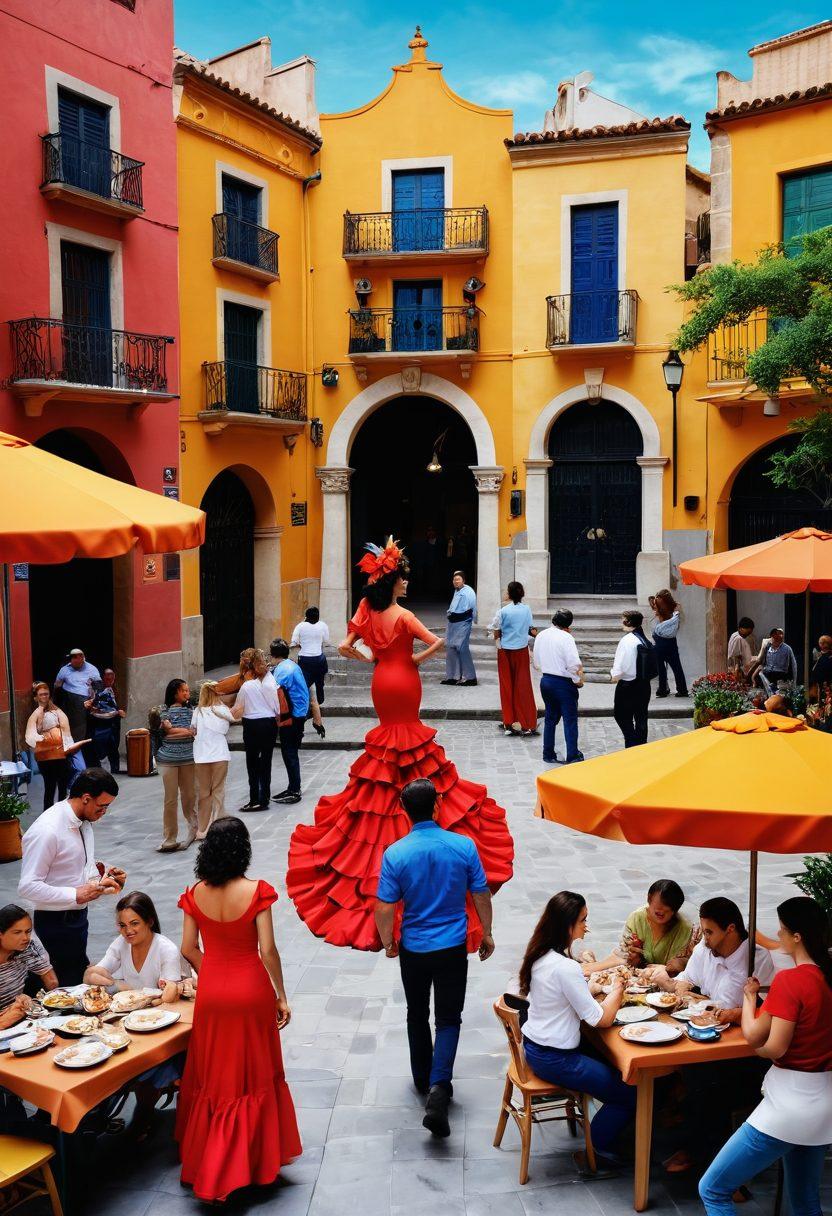 A vibrant scene depicting a diverse group of professionals exploring various career options in a lively Spanish city, with iconic architecture in the background. Include colorful job fair booths showcasing various industries, animated discussions among job seekers, and elements symbolizing passion, like art supplies, tech gadgets, and nature motifs. Emphasize a bustling yet supportive atmosphere, highlighting cultural elements such as flamenco dancers or traditional Spanish cuisine. vibrant colors. super-realistic. 3D.