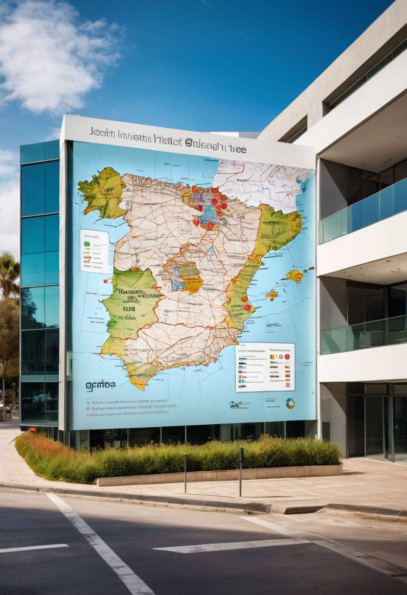 A scenic view of a modern office building in Spain, with a diverse group of job seekers engaging in a lively discussion. Include elements like a map of Spain highlighting major cities for job opportunities, professional networking icons, and a laptop displaying job listings. The setting should evoke a sense of hope and ambition. vibrant colors. super-realistic.